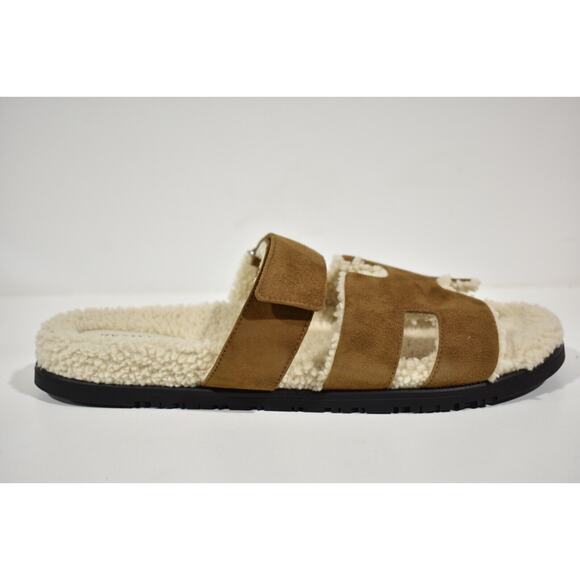 Hermes Chypre Sandal Mens Suede Shearling Fur H Logo Slide Slip On Flat 44 11 main image 11